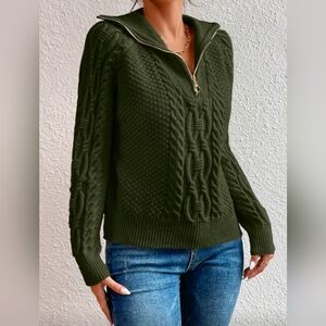 New Boho Quarter Zip Cable Knit Pullover Sweater Olive Green
